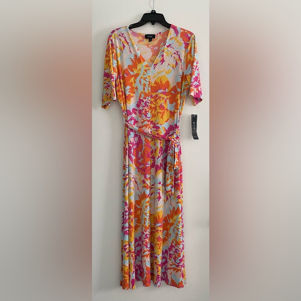 MSK Women's Floral Midi Dress - Pink, Orange, Yellow - Picture 5 of 9